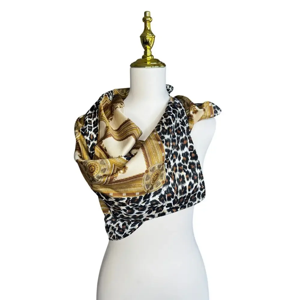 Leopard Print Chain Border Silk Feel Square Scarf Neutral Brown Black Wrap